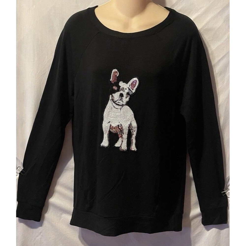 Cupio Black Dolman Top Medium M Sequin French Bulldog Dog Graphic Knit Shirt